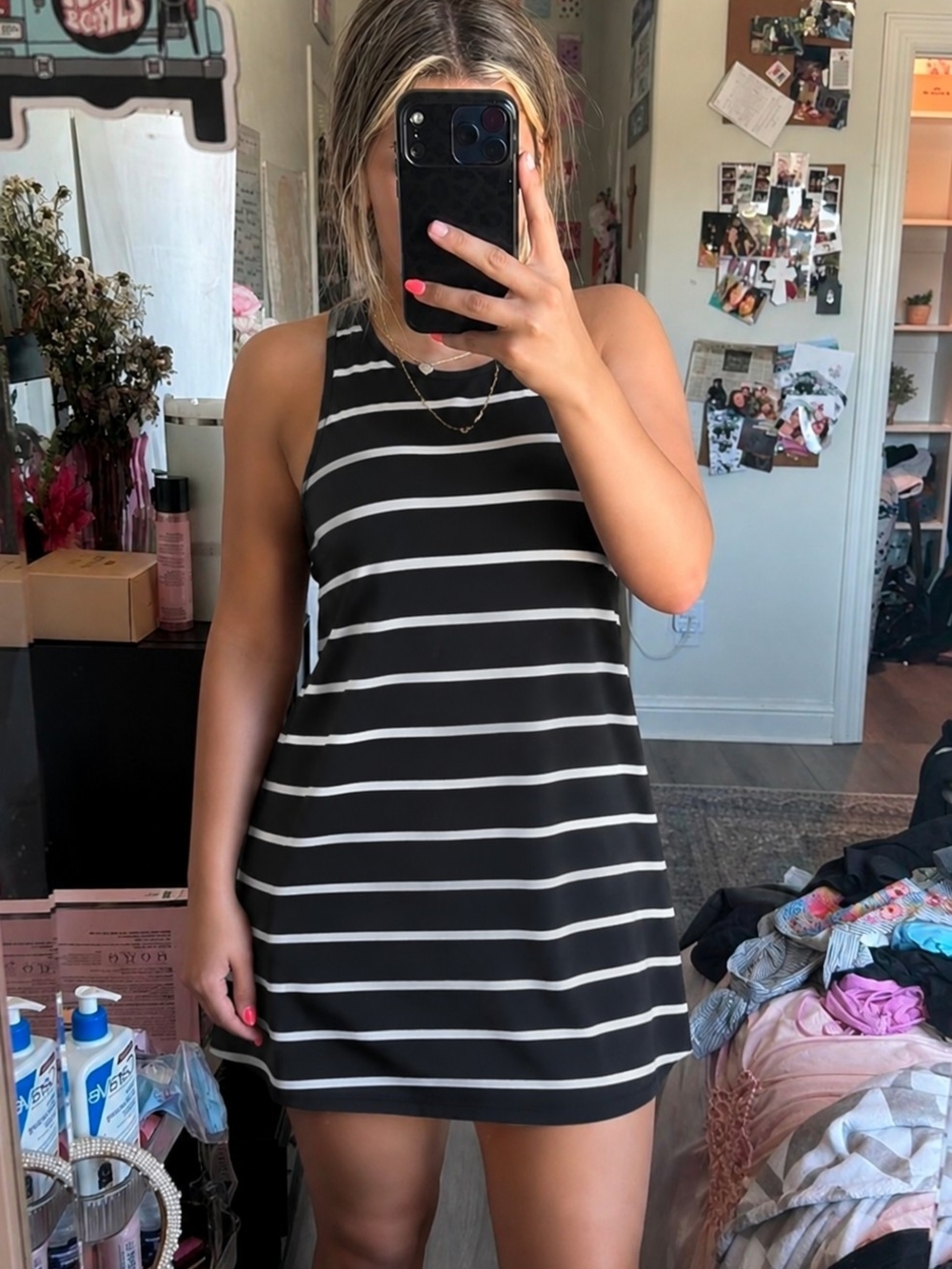 Time and Tru Black and White Striped Sleeveless Mini Dress